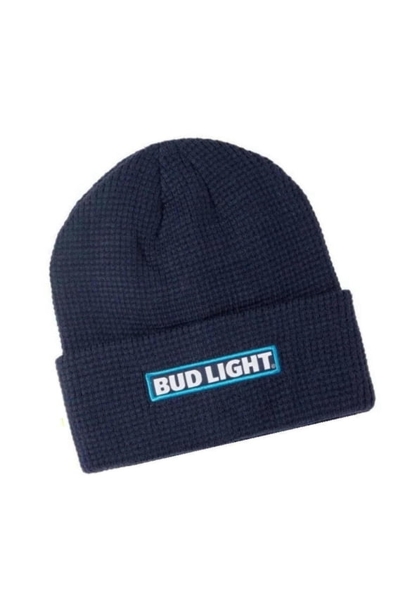 Bud Light Cuffed Waffle Knit Black Beanie Cap Hat Embroidered Logo Toboggan