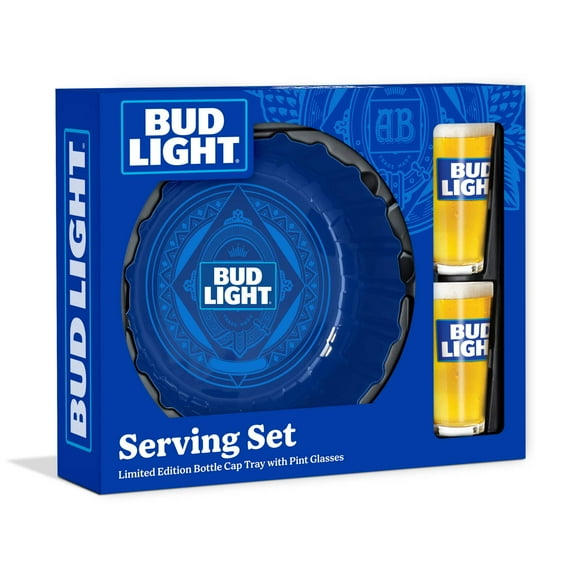 Bud Light Serving Set with Bottle Cap Tray and Pint Glasses