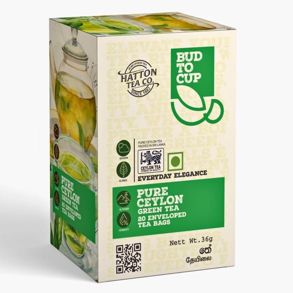 Bud to Cup Pure Ceylon Green Tea Unflavored Handpicked Sri Lanka, 20 Tea Bags