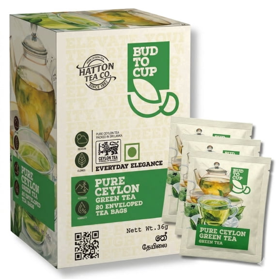 Bud to Cup Pure Ceylon Green Tea Unflavored Handpicked Sri Lanka, 20 Tea Bags