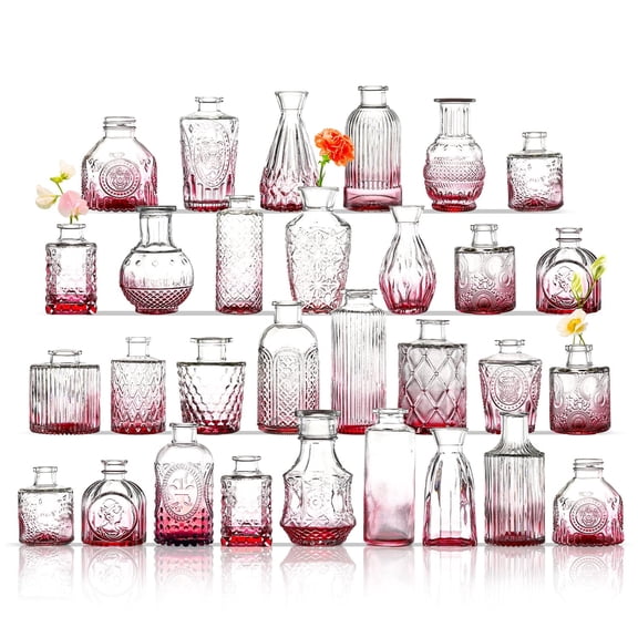 30-Pack Pink Glass Bud Vases, Elegant Small Flower Vases for Wedding & Event Centerpieces, Bulk Set for Table Decor