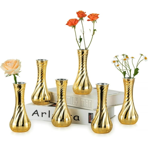 Glass Bud Vase Gold:  Small Flower Vases for Wedding Party Table Centrepiece - Vintage Ribbed Vase for Home Birthday Reception Decorations