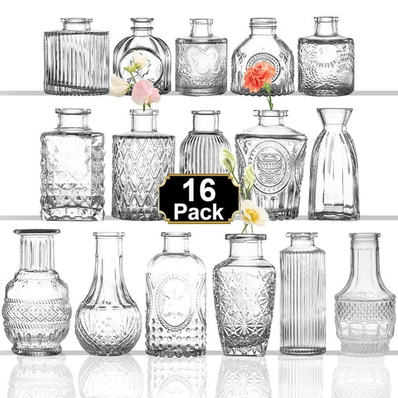 Bud Vases in Bulk 16, Glass Vases for Centerpieces, Mini Vintage Clear Vases for Wedding Table Decor