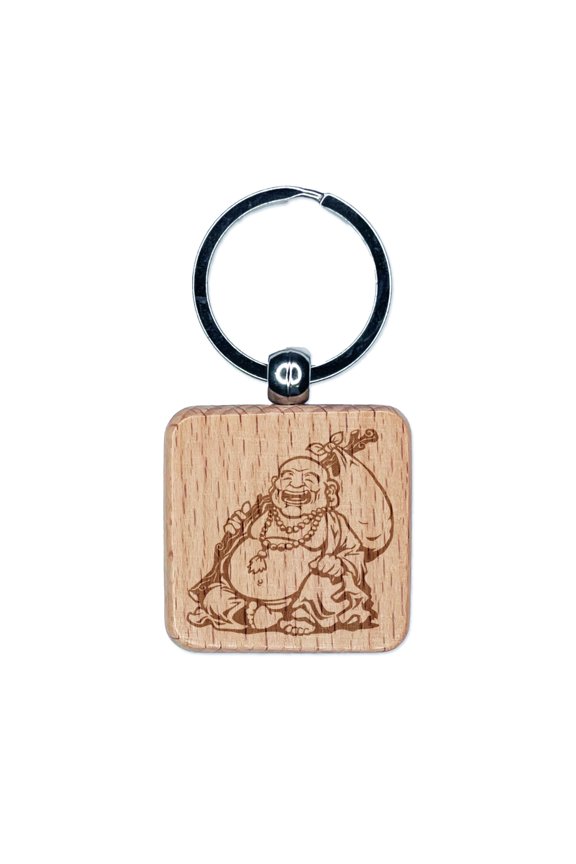 Budai Laughing Buddha Fat Monk Chan Square Keychain Charm Tag - Engraved Wood
