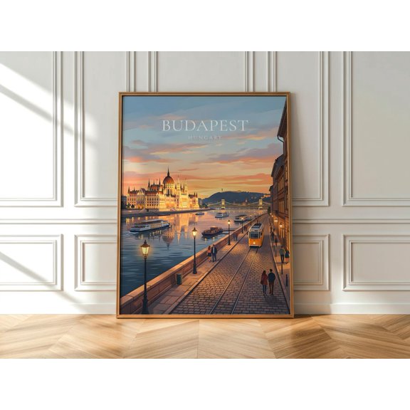 Budapest Danube Promenade Print Tram Street Scene Artwork Hungary Riverside Illustration Evening City Decor, Unframed Paper Print
