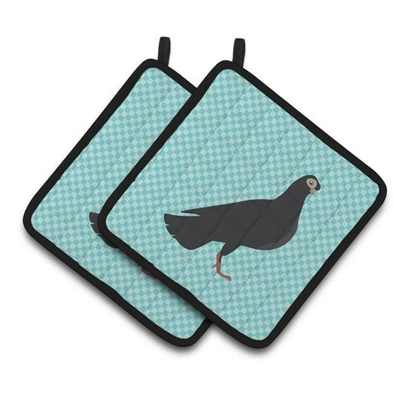 Budapest Highflyer Pigeon Blue Check Pair of Pot Holders - Blue