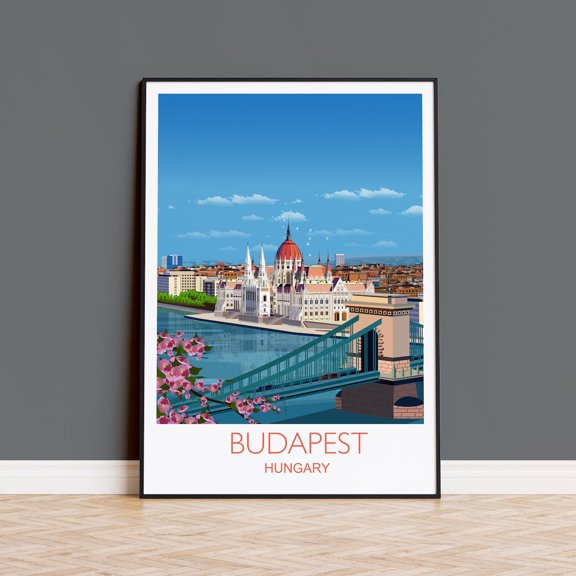 Budapest Hungary Art Print Cityscape Travel Hungarian Parliament Illustration Home Decor Wall Art