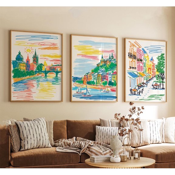 Budapest Hungary Travel Poster Set Colorful Scribble Art Home Decor Office Wall Art Set 3