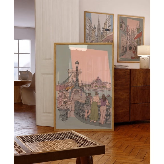 Budapest Poster, Szechenyi Chain Bridge Wall Art, Unframed Paper Poster 8x10in