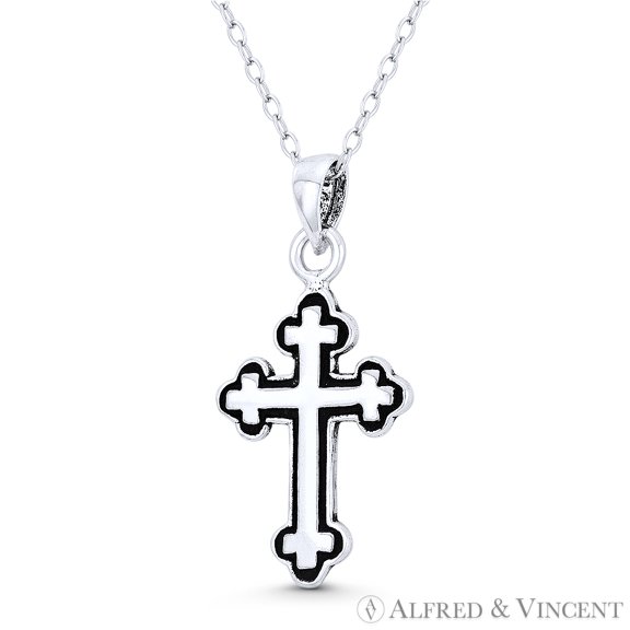 Budded / Botonée Cathedral Cross Christian Pendant in Oxidized .925 Sterling Silver