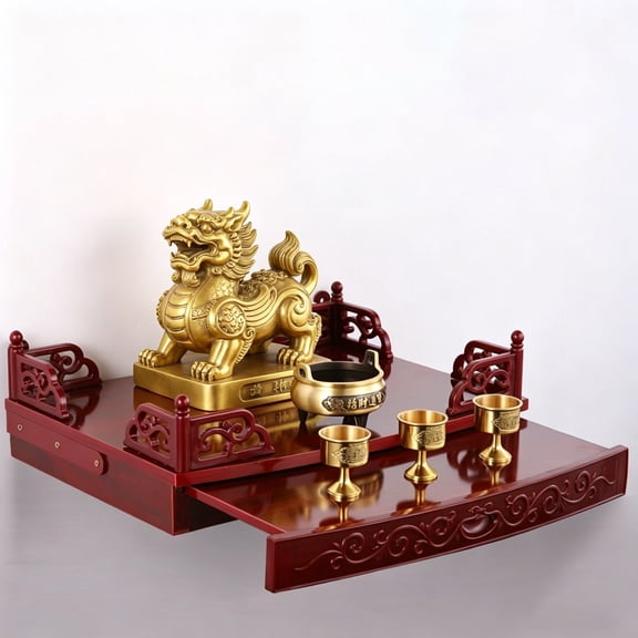 Buddha Altar Shelf Shrine, Wooden Wall - Mounted Altar Table with Pull-Out Board,Chinese Style God of Wealth Pagoda Shelf, Statue Display Cabinet