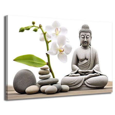 Buddha Canvas Wall Art Zen Wall Decort Buddha with Stone Zen White Orchid Peaceful Pictures Giclee Wall Artwork for Bedroom Home Decor