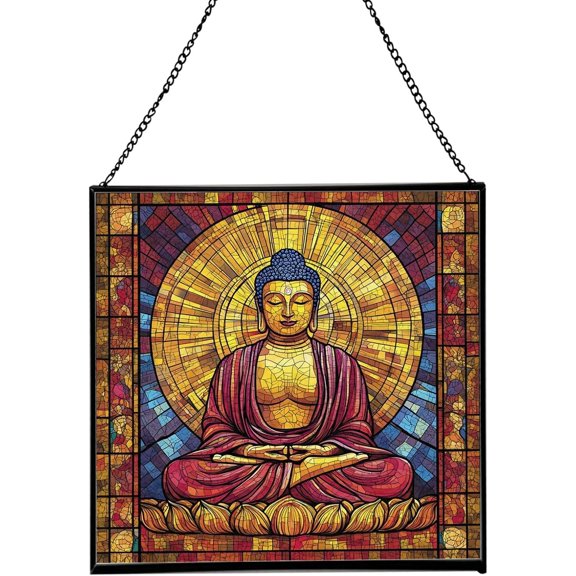 Buddha Dharma Architecture Stained Glass Suncatcher , 8in Square Window Hanging for Meditation Room, Zen Space, or Home Decor, Peaceful Glass Art Gift for Christmas or Thanksgiving 171OR10