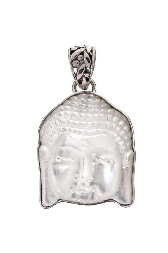 Buddha Face Mother Of Pearl Shell 925 Sterling Silver Pendant, 1 3/16"