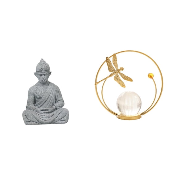 Buddha Figurine Monkey Statue Crystal Ball Sculpture Iron Sandstone Material for Meditation Space Home Desk