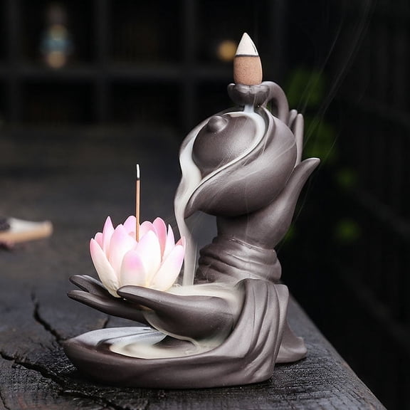 Buddha Hand Series Backflow Incense Burner Indoor Smoke Waterfall Incense Holder Creative Lotus Ceramic Incense Burner (White Lotus)
