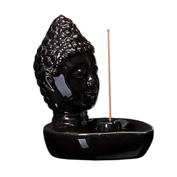 Buddha Head Incense Holder for Sticks, Small Ceramic Incense Burner Healing, Meditaiong, Zen, Timer of Spa or Yoga, with Ash Catcher (Black)