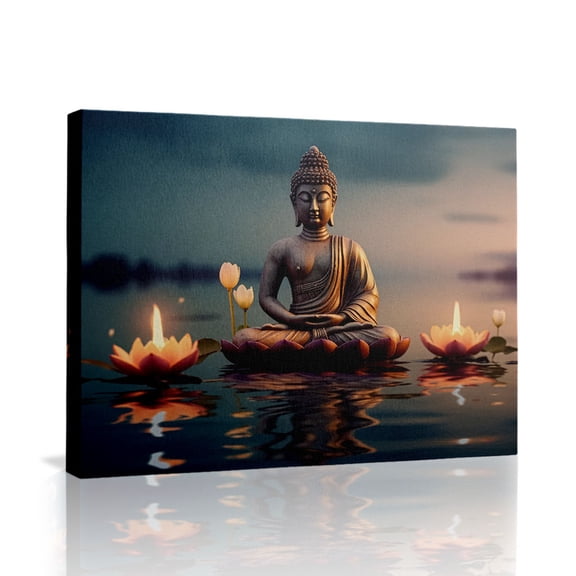 Buddha Lotus Candle Canvas Wall Art (Zen Serenity Tone) Ready to Hang for Bedroom