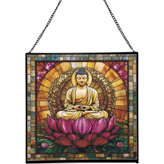 Buddha Lotus Throne Stained Glass Suncatcher , 8 Inch Real Glass Decorative Art Sun Catcher for Meditation Room, Zen Space, or Home Decor, Peaceful Glass Art Gift for Thanksgiving 182OR16