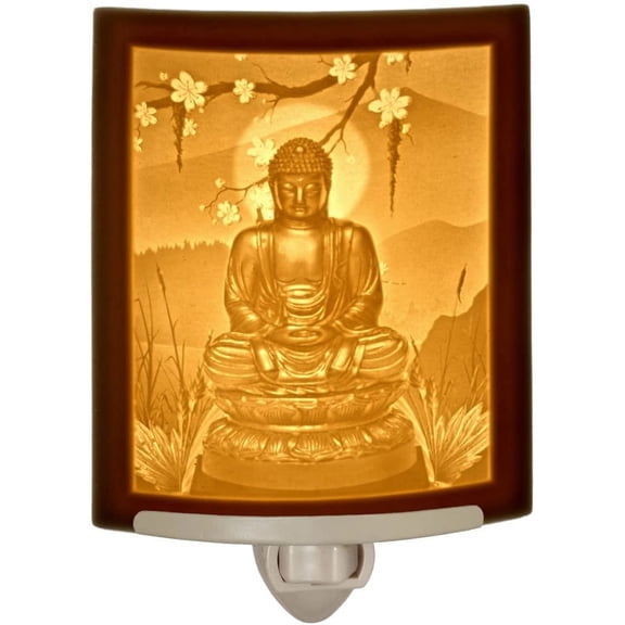 Buddha Night Light - Porcelain Spiritual Lithophane, Decorative Wall Plug for Nursery, Bedroom, Kitchen, Bath, or Hallway, Asian Themed Accent Light