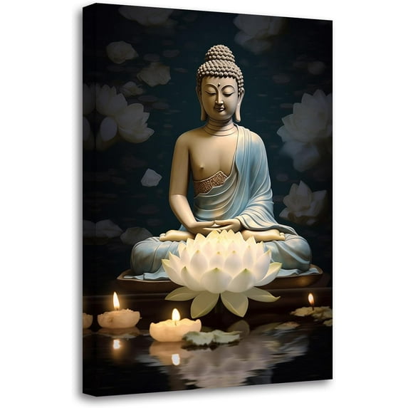 Buddha Painting Zen Canvas Wall Art Buddha Statue & White Lotus Picture Spiritual Prints Spa Artwork for Yoga Meditation Buddhist Prayer Room(Picture-1, (12.00" x 18.00"))