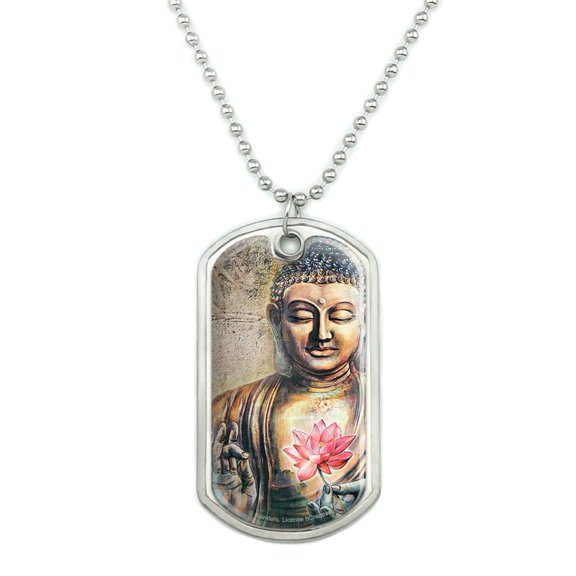 Buddha Pink Lotus Flowers Serenity Military Dog Tag Pendant Necklace with Chain