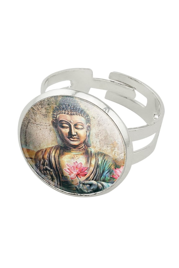 Buddha Pink Lotus Flowers Serenity Silver Plated Adjustable Novelty Ring