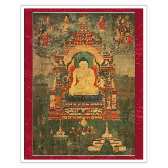 Buddha Shakyamuni in the Mahabodhi Temple - Vintage Tibetan Thangka Buddhist Painting - Tibet, 19th Century - Fine Art Matte Paper Print (Unframed) 16x20in