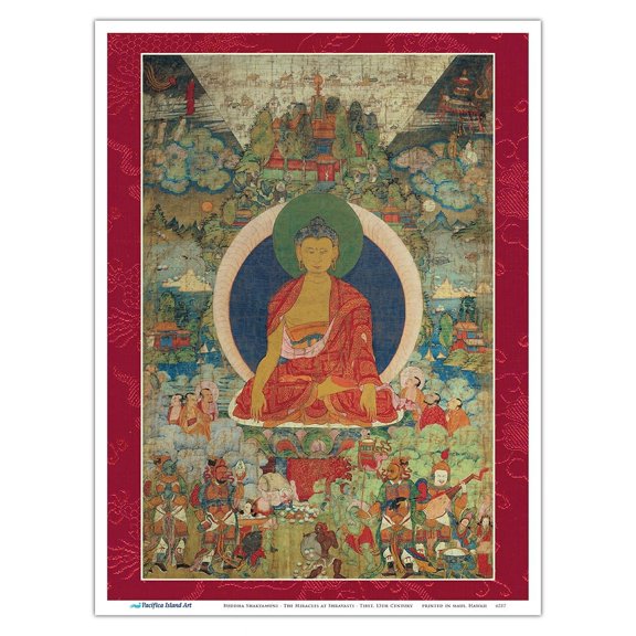 Buddha Shakyamuni and The Miracles at Shravasti - Vintage Tibetan Thangka Buddhist Painting - Tibet, 13th Century - Master Art Print (Unframed) 9in x 12in