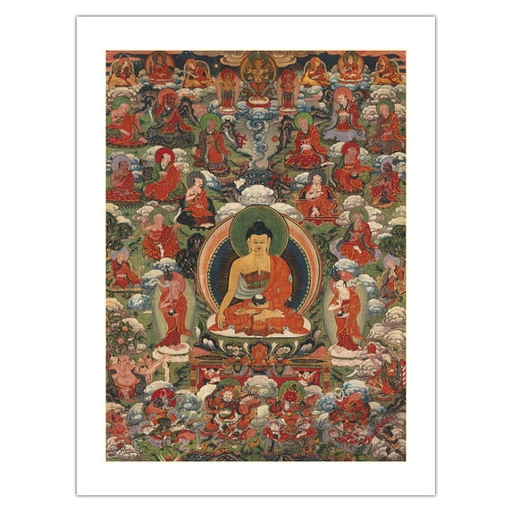 Buddha Shakyamuni and the Sixteen Arhats (Buddhist Elders) - Vintage Tibetan Thangka Buddhist Painting - Tibet, 18th Century - Bamboo Fine Art 290gsm Paper (Unframed) 12x16in