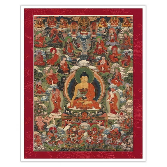 Buddha Shakyamuni and the Sixteen Arhats (Buddhist Elders) - Vintage Tibetan Thangka Buddhist Painting - Tibet, 18th Century - Fine Art Matte Paper Print (Unframed) 16x20in