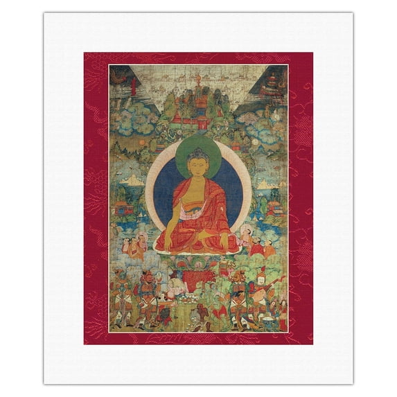 Buddha Shakyamuni and The Miracles at Shravasti - Vintage Tibetan Thangka Buddhist Painting - Tibet, 13th Century - Fine Art Rolled Canvas Print 11in x 14in