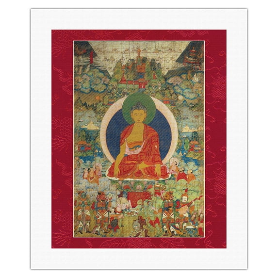 Buddha Shakyamuni and The Miracles at Shravasti - Vintage Tibetan Thangka Buddhist Painting - Tibet, 13th Century - Fine Art Rolled Canvas Print 16in x 20in