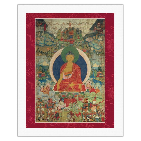 Buddha Shakyamuni and The Miracles at Shravasti - Vintage Tibetan Thangka Buddhist Painting - Tibet, 13th Century - Fine Art Rolled Canvas Print 20in x 26in