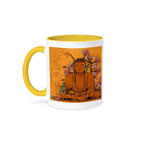 Buddha Statue With Lovely Pink Japanese Sakura Blossom Flowers Asian Inspired Gifts, 15oz Two-Tone Yellow Mug