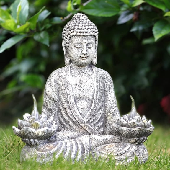 Buddha Statue Zen Sculpture 11.4in Yoga Garden Decor with LED Solar Lotus Lights, Sitting Meditating Buddha Serene Resin Figurine for Patio Yard Lawn Ornaments,Inside or Outside