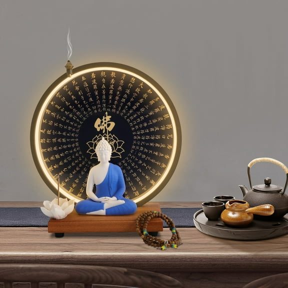 Buddha Statue with Circle LED Lamp Ceramic Buddha Statue for Home Decoration