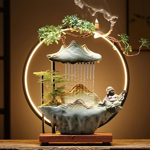 Buddha Tabletop Fountain Indoor Waterfall Fountain Office Tabletop Water Fountain with Lights Backflow Incense Burner Ceramic Indoor Zen Decor for Home Office Yoga Meditation (Buddha)