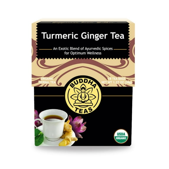 Buddha Teas 100% Organic Caffeine Free Herbal Turmeric Ginger Tea Bags, 18 Ea