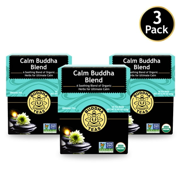 Buddha Teas Calm Buddha Blend - Organic Herbal Tea - For Health & Wellbeing - Clean Ingredients - Caffeine Free - OU Kosher & Organic - Non-GMO - 18 Bleach-Free Tea Bags (Pack of 3)