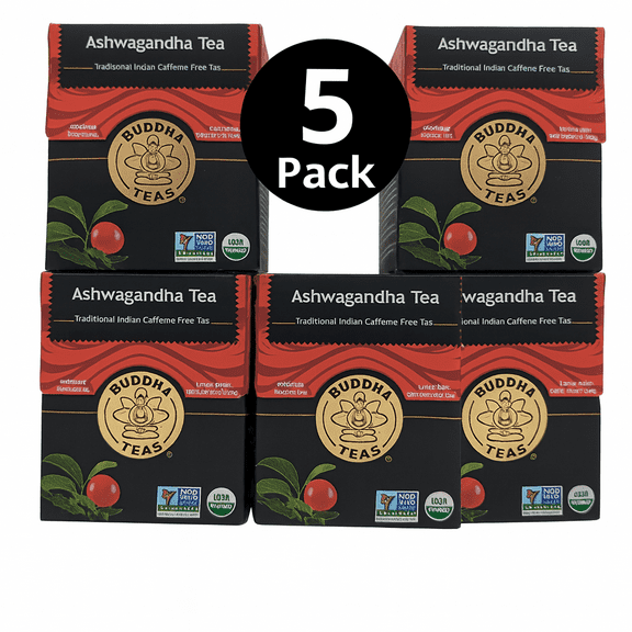 Buddha Teas Organic Ashwagandha Root Tea  Caffeine-Free, Kosher, Non-GMO, 90 Bleach-Free Tea Bags (Pack of 5)