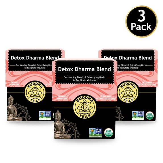 Buddha Teas Organic Detox Dharma Blend - OU Kosher, USDA Organic, CCOF Organic, 18 Bleach-Free Tea Bags (Pack of 3)