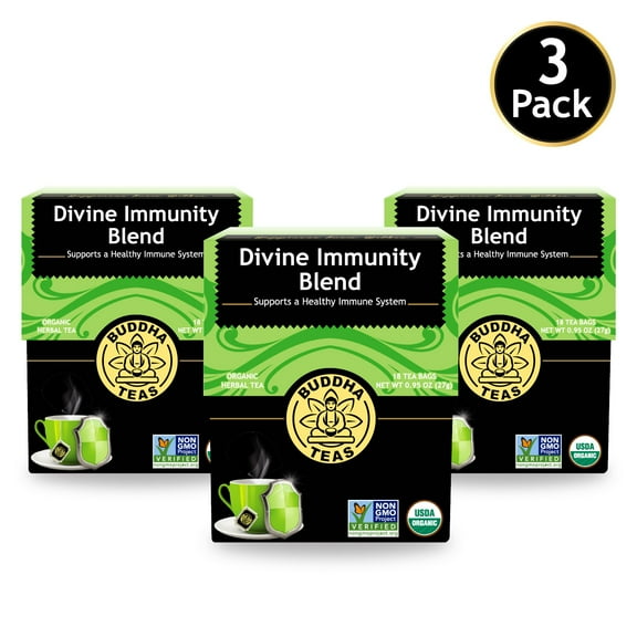 Buddha Teas Organic Divine Immunity Blend - Herbal Tea - For Health & Wellbeing - With Antioxidants & Minerals - Clean Ingredients - Caffeine Free - OU Kosher & Non-GMO - 18 Tea Bags (Pack of 3)