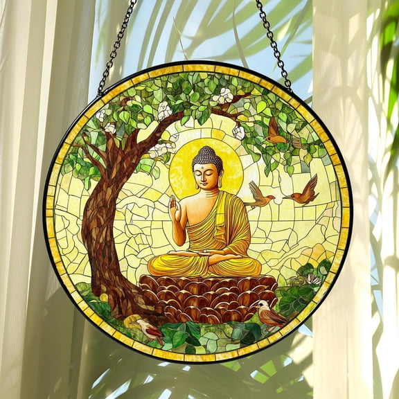 Buddha Tree Glass Suncatcher, Zen Meditation Window Decor, 6.3 in