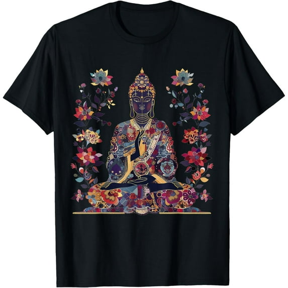 Buddha Vintage Flowers Zen Buddhism Spiritual Art Buddhist T-ShirtMen's and women's gift, black and white T-shirt, size: Extra large S-4XL
