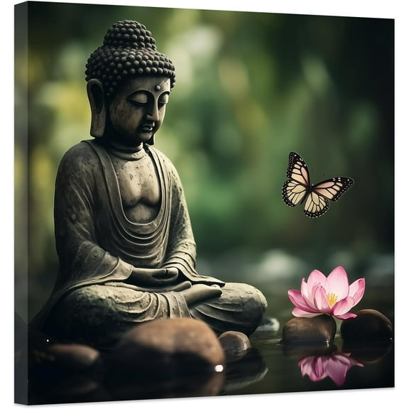 Buddha Wall Art Butterfly Lotus Flower Zen Stone Painting Canvas Prints Spa Artwork Office Decor for Spiritual Meditation Yoga Room Framed(Buddha, (16.00" x 16.00"))