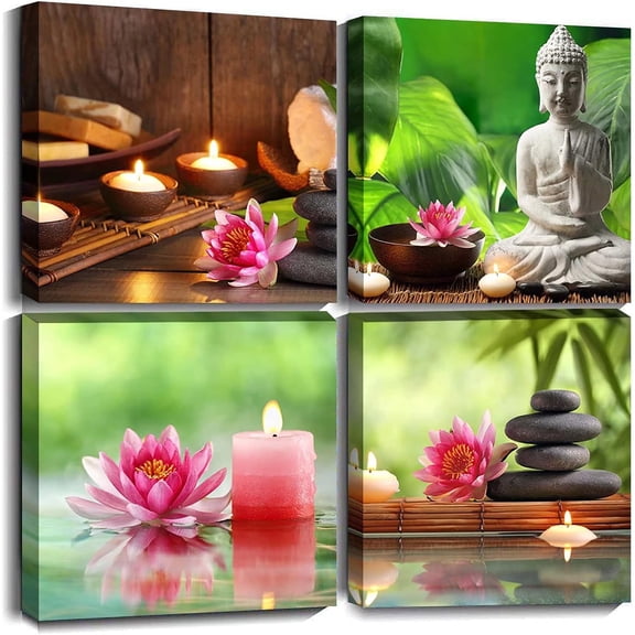 Buddha Wall Art Canvas Painting for Home Decor 4 Pieces Modern Still Life Buddha with Stone Candle Green Zen Art Picture Framed Artwork Bathroom office Decoration 12x12