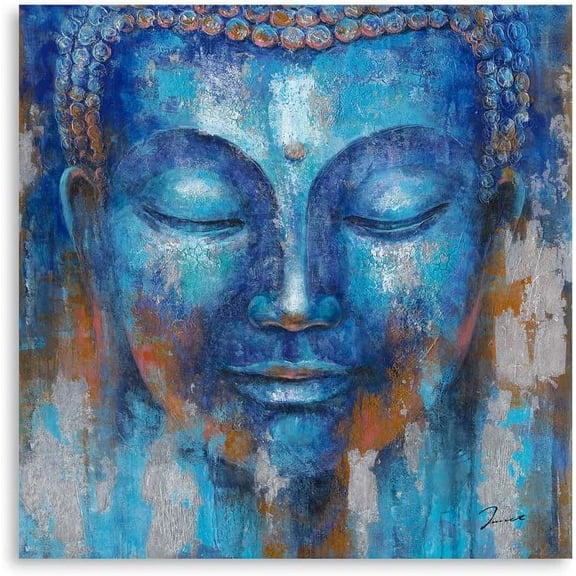 Buddha Wall Art Canvas Painting Indigo Blue Gautama Head Picture Zen Meditation Buddhism Statue Decor for bathroom Framed Easy to Hang (14"x14"x1 Panel)
