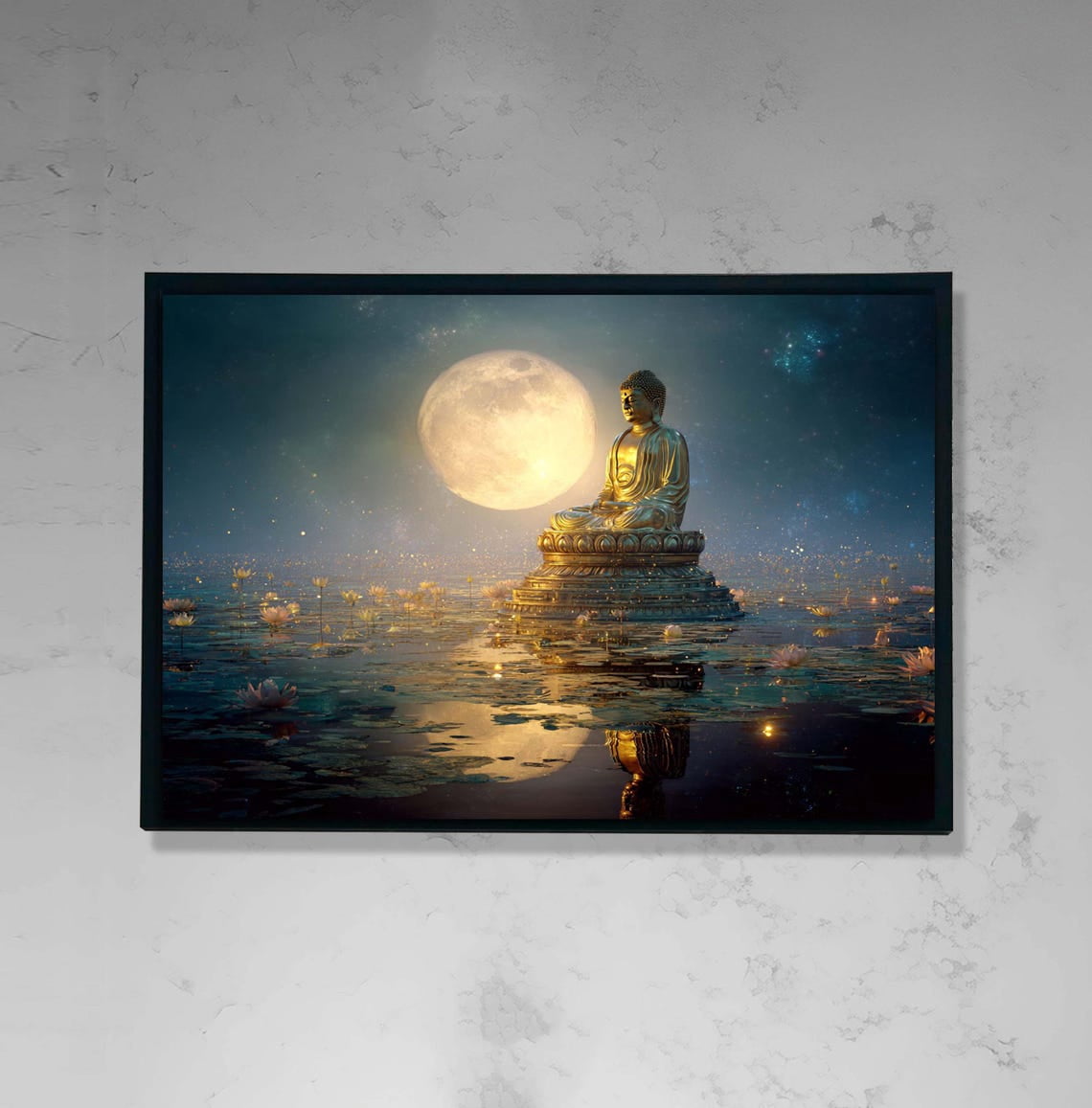 Buddha Wall Art With Moonlight And Lotus Flowers, Spiritual Zen Decor ...