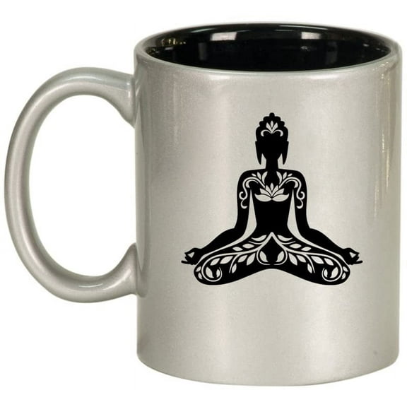 Buddha Yoga Lotus Ceramic Coffee Mug Tea Cup Gift for Her, Him, Men, Women, Sister, Wife, Husband, Girlfriend, Boyfriend, Friend, Mom, Dad, Cute, Birthday, Housewarming, Meditation (11oz Silver)
